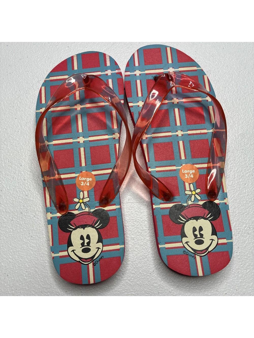 Vintage Y2K Disney Minnie Mouse Flip Flops Kids Large 3/4 Plaid Sandals